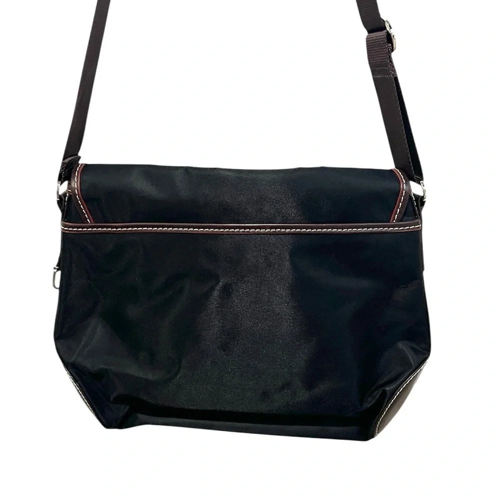 Lancel black nylon messenger crossbody bag with brown leather trim